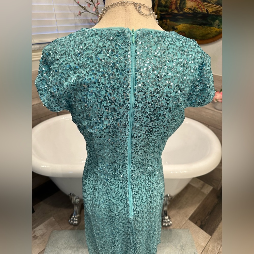 NWT Maggy London Aqua Teal Sequin Asymmetrical Spring Fling Dress 4 - Picture 4 of 12
